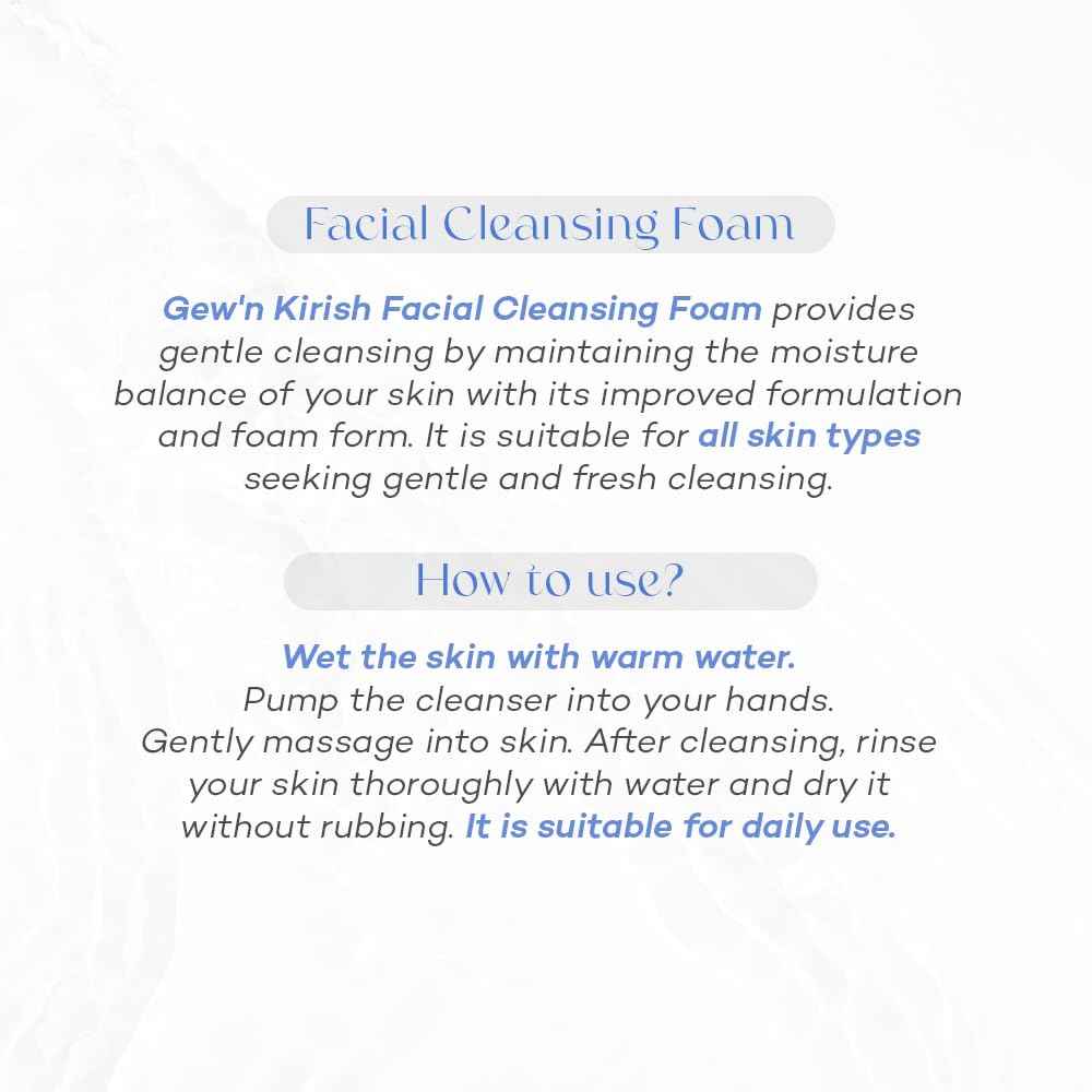Gew’n Kirish Facial Cleansing Foam – Gentle Daily Cleanser for All Skin Types, With Aloe Vera, Chamomile, Niacinamide, Moisture-Balancing Soft Lather, 7.5 fl oz