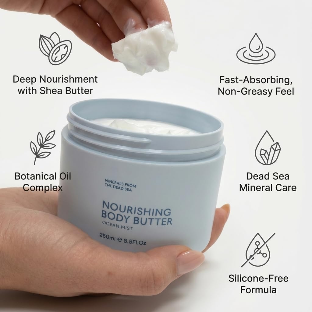 SEACRET Minerals Dead Sea Body Butter, Ocean Mist - Ultra-Rich Shea Butter & Coconut Oil Body Moisturizing Cream for Dry Skin, Fast Absorbing, Non-Greasy with Aloe Vera & Vitamin E, 8.5 Fl Oz / 250 ml
