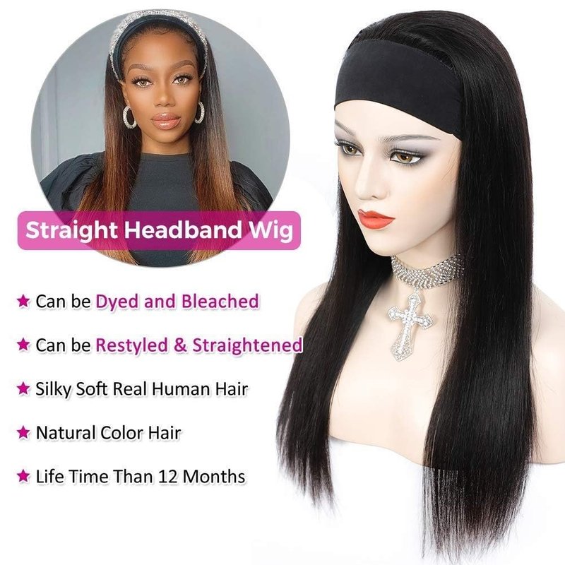 Headband Wig - 12 Inch Straight Human Hair for Black Women | Glueless Brazilian Virgin Hair, Natural Color, 150% Density