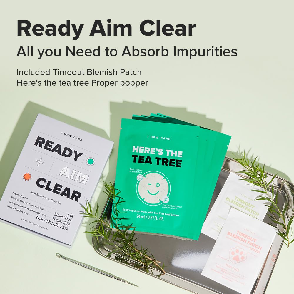 I DEW CARE Blemish Skincare Set - Ready Aim Clear | Face Mask & Acne Patch & Pimple Popper Tool, with Tea Tree Oil, Soothing & Hydrating, Treatment, Oily & Sensitive Skin
