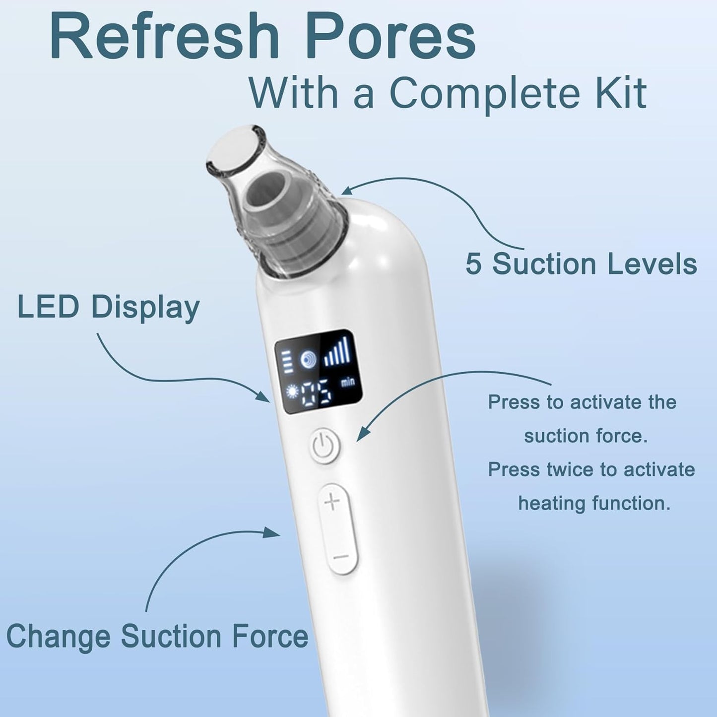 Blackhead Remover Vacuum - Rechargeable Pore Cleaner with Heat & Red Light | 5 Suction Levels, LED Display, 6 Probes & Bonus Extractor Tools