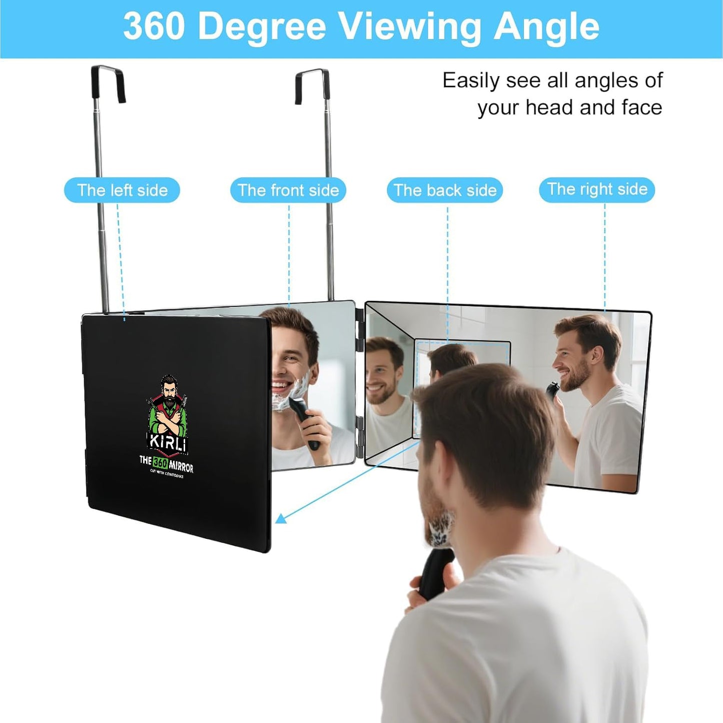 Kirli 3 Way Mirror for Self Hair Cutting – 360° with LED Lighting, Portable Trifold Mirror to See Back of Head, Adjustable Hooks, Ideal for Men & Women Styling (Black - with Led)