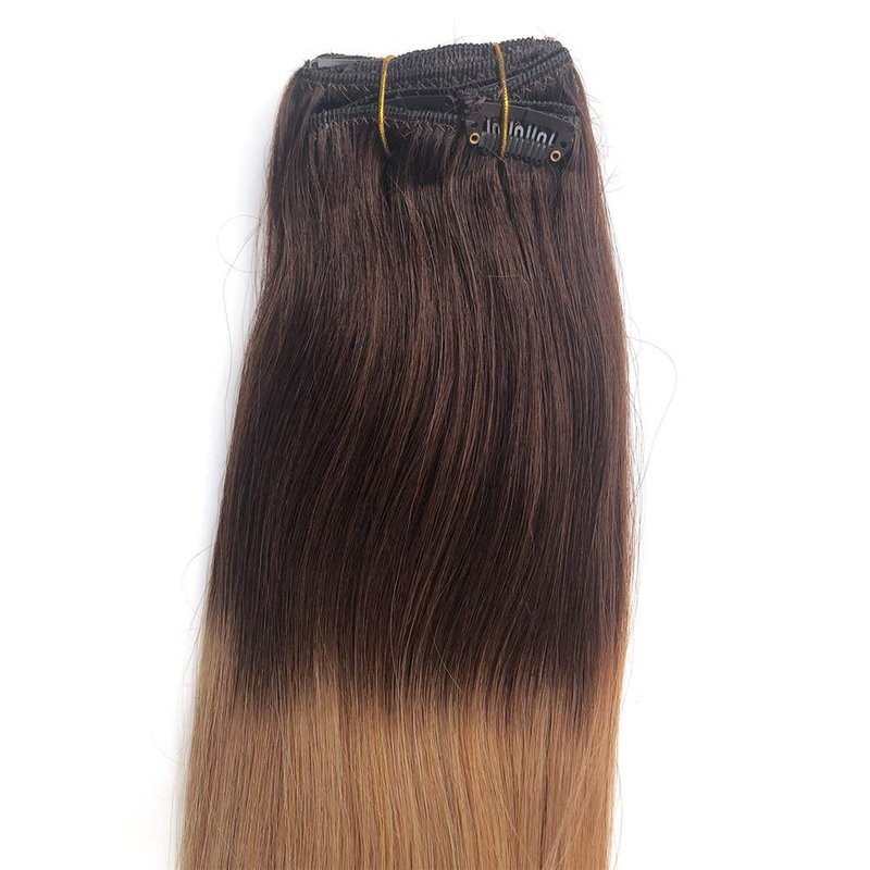 Blonde Clip in Hair Extensions Skin Weft Remy Brazilian Hair Extension 18" 7Pcs 120g Ombre Medium Brown to Strawberry Blonde Highlighted Full Head Straight Soft Thick for Women(#4T27)
