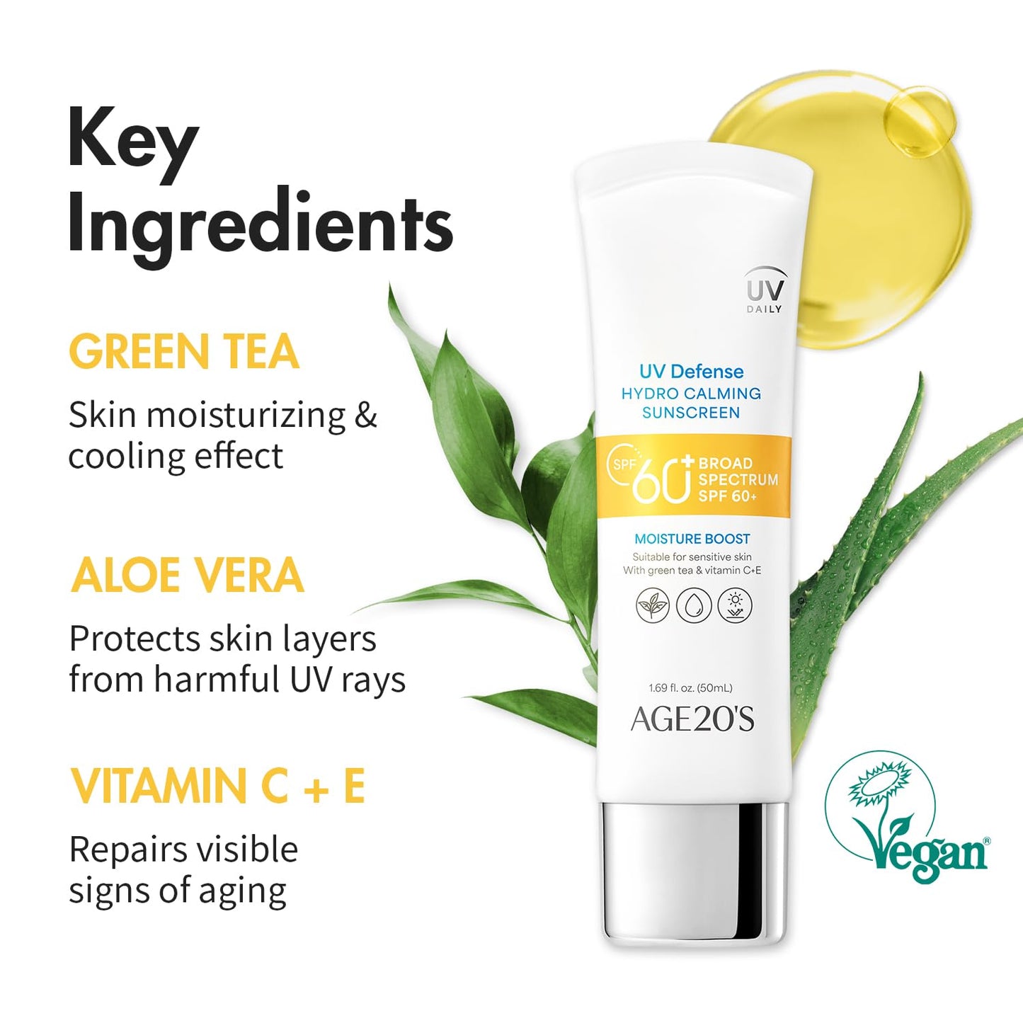 AGE20'S UV Defense Hydro Calming Sunscreen SPF 60+ - Lightweight, Moisturizing Formula with Green Tea & Aloe Vera | 1.69 fl. oz.