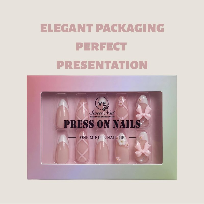 24PCS Blush Pink French Almond Press-On Nails – Medium Length Fake Nails with 3D Bow & Flower Design, Soft Back & Durable Tip, Reusable Stick-On Nail Tips with Glue & Tools for Women