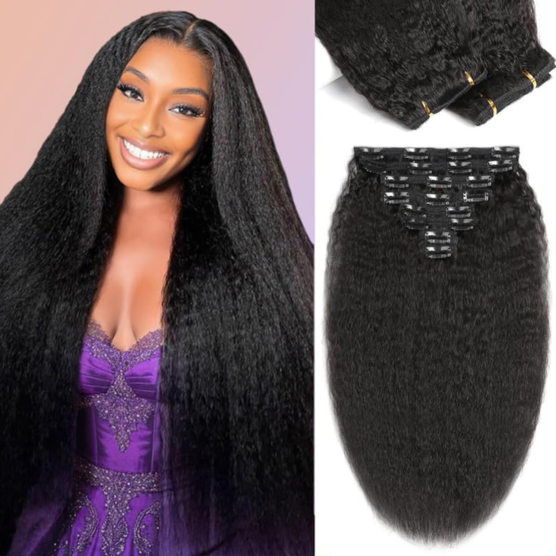 ShowJarlly Clip in Hair Extensions Real Human Hair 12 Inch Kinky Straight Clip Ins 8 Pcs Brazilian Remy Hair Extensions for Women Natural Black