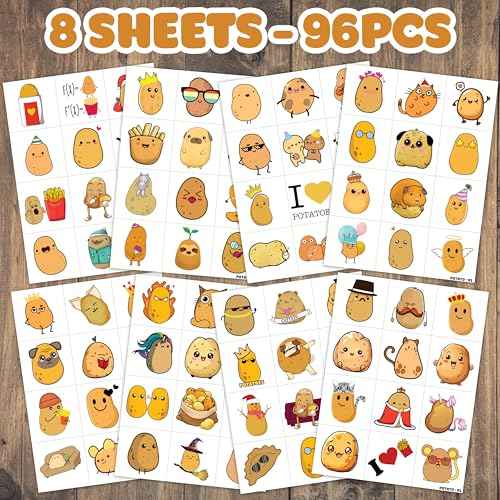 96PCS Potato Pre-cut Temporary Tattoos 8 Sheets Sweet Potato Party Decorations Supplies Favors Chip Potato Theme Birthday Cute Stickers Christmas Gifts for Boys Girls Class School Prizes Carnival