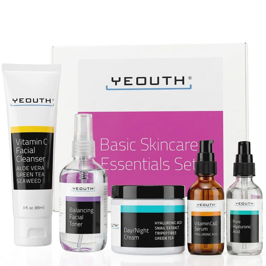 YEOUTH Skin Care Set: Hyaluronic Acid Serum for Face | Vitamin C Facial Serum | Face Cleanser | Skincare Toner & Cream | Hydrating Skin Care Gift Set 5-Piece