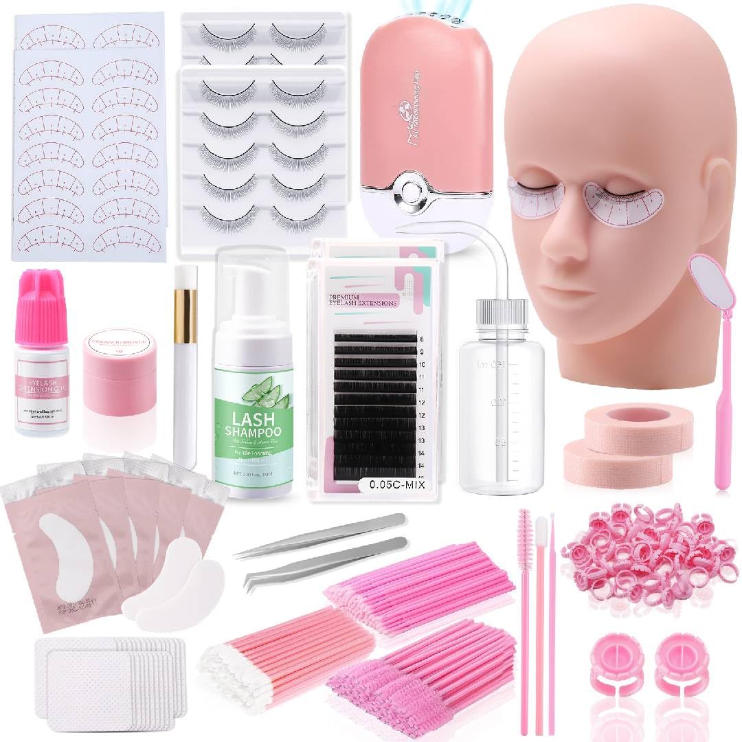 Vznffur Lash Extension kit for Beginners, Eyelash Extension Kit with Mannequin Head, Lash Starter Kit with Everything Eyelash Glue USB Fan Cosmetology Esthetician Supplies for Practice Training