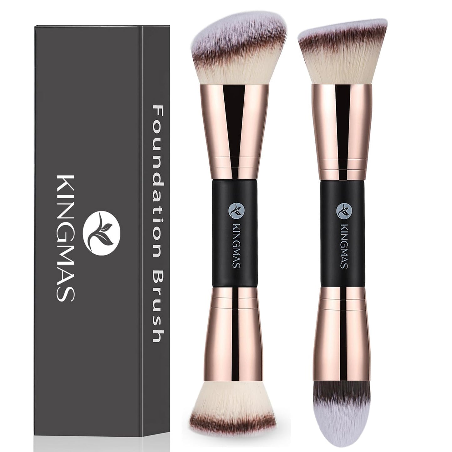 KINGMAS Foundation Makeup Brush, Premium Kabuki Brush, Double-Ended Contour Brush (Flat/Angled Round Top) for Blending Liquid Powder Concealer Cream Blush Makeup Brush