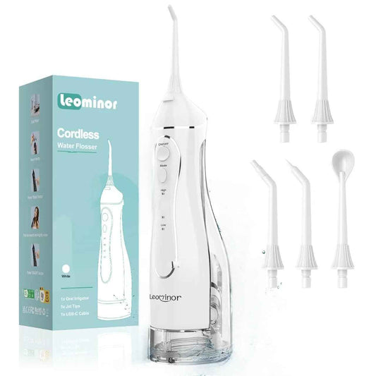 Leominor Water Dental Flosser Pick for Teeth, 300ML Portable Oral Irrigator Upgraded Tank Removable,IPX7 Waterproof, Rechargeable Travel Teeth Cleaner, Professional Electric Flossing (White)