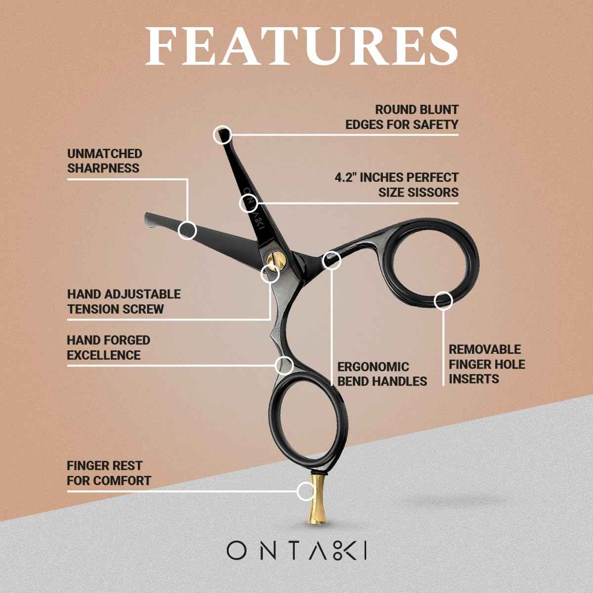 Ontaki Mustache Scissors - 4.2" Black Japanese Steel - Beard & Nose Hair Trimming Scissors for Men - Rounded Tip Ergonomic Handles - Hand-Forged Mustache Grooming Kit