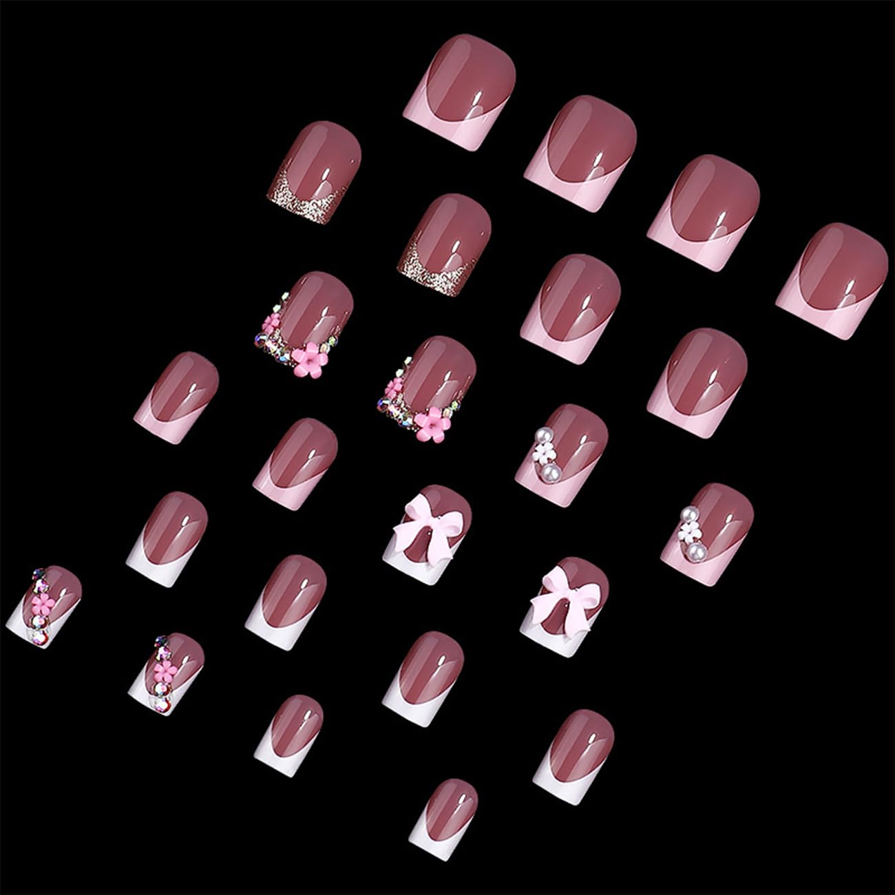 24pcs French Tip Press-On Nails - Short, Charms, Bow, Flower Design, Pink, Cute, Square Shape, Acrylic, Rhinestones