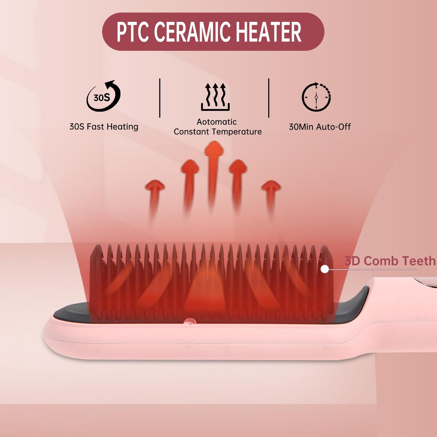 Negative Ionic Hair Straightener Brush with 9 Temp Settings, 30s Fast Heating Hair Straightening Comb with LED Display, Anti-Scald & Auto-Shut Off Hair Brush Straightener for Women (Pink)