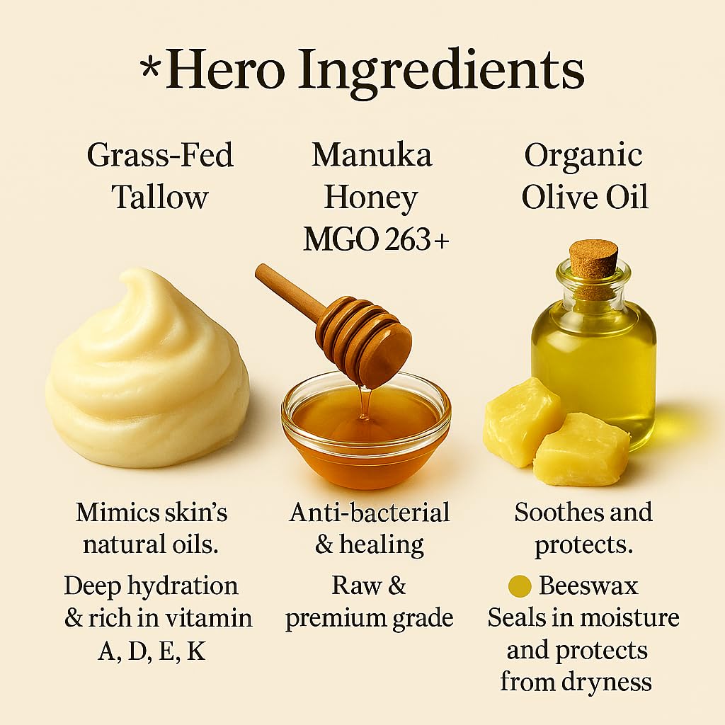 Azmera Beauty 100% Grass-Fed Beef Tallow Balm For Skin Manuka Honey MGO 263+, Organic Beeswax & Olive Oil – Handmade All-Natural Skincare for Soft, Smooth Skin (2oz, Unscented + Moringa oil)