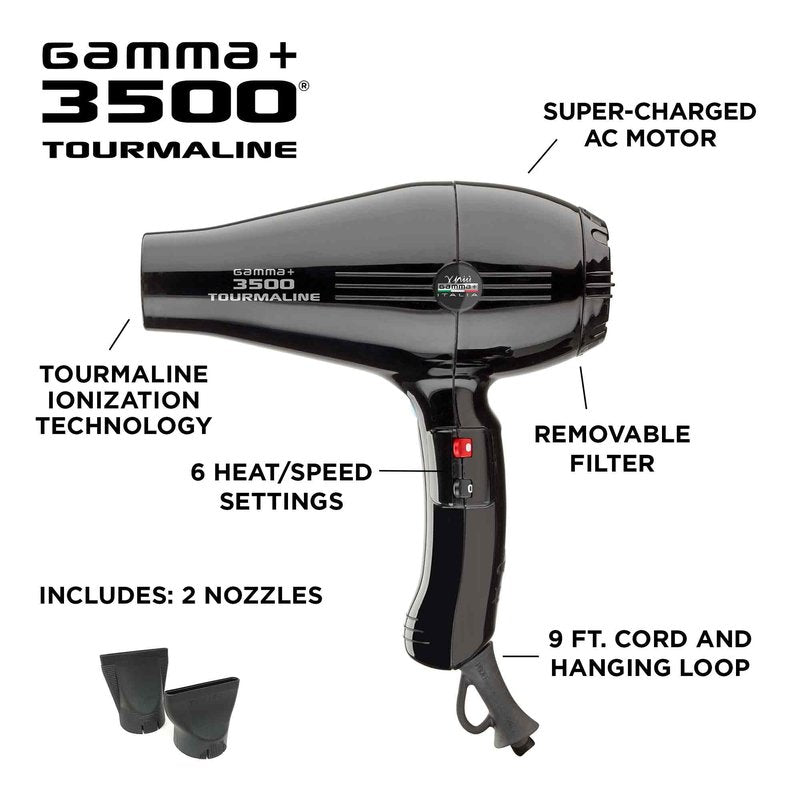 GAMMA+ 3500 Professional Salon Tourmaline Ionic Hair Dryer, 2 Nozzles, 6 Heat Settings, Black