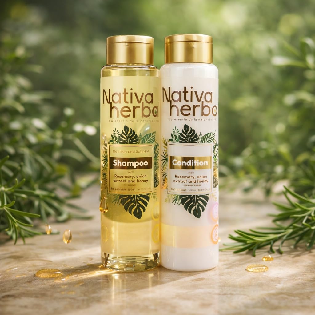 Nativa Herbal Rosemary and Onion Shampoo & Conditioner – Hair Growth and Anti Hair Loss Set, Organic 18.5 fl oz Each, Strengthens Roots, Restores Shine, Paraben Free Natural Hair Care