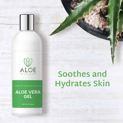 Aloe Infusion Organic Aloe Vera Gel - Deeply Hydrating, Skin Nourishing After Sun Skin Care for Face, Body and Hair - Sunburn, Redness and Itchy Skin Relief - USA-Tested - 16 Oz