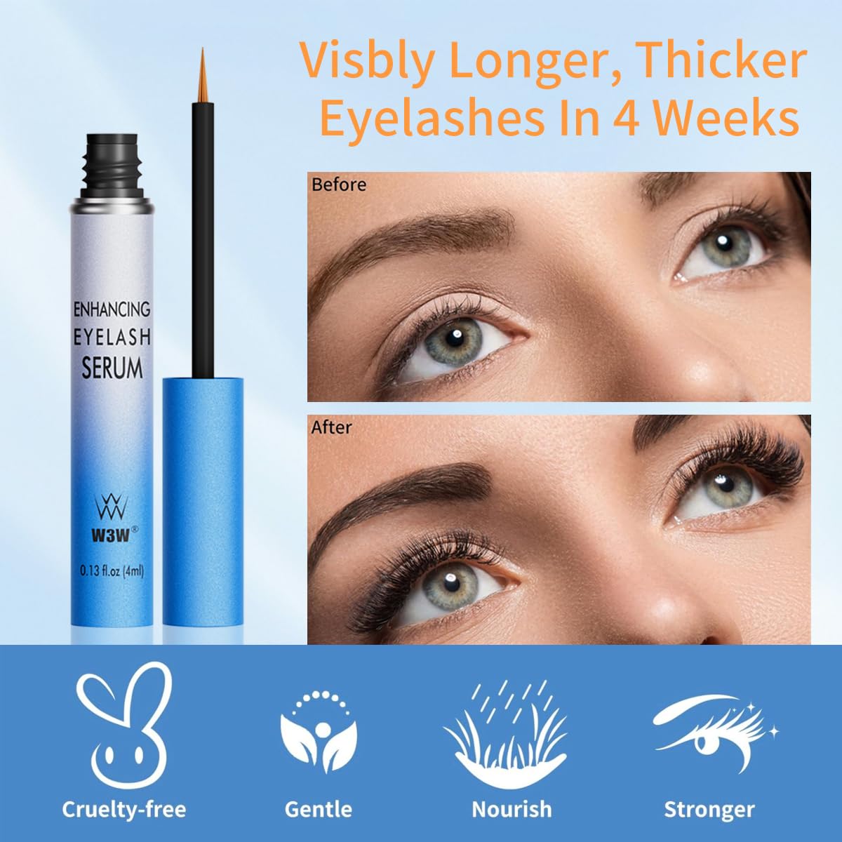 W3W Lash Serum - Eyelash Growth Serum with Advanced Formula to Boost Longer, Thicker Fuller Looking Lashes Nourishing Lash For Eyelash Growth Vegan & Cruelty-Free for Sensitive Eyes 4ml
