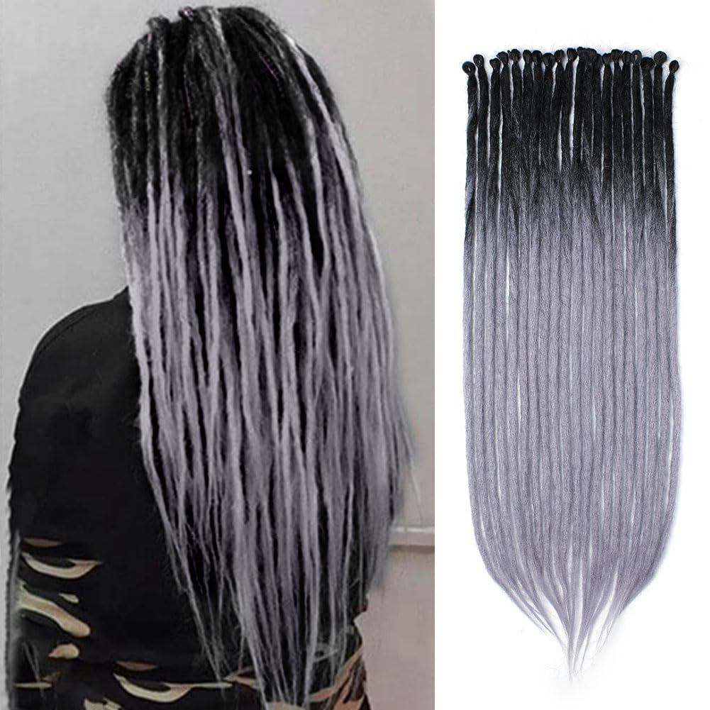 Kraler 24-Inch Ombre Black to Grey Dreadlock Extensions - 40 Strands Thick Synthetic Hair for Hip Hop Style | 1cm Width