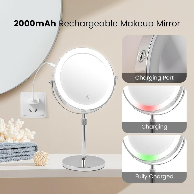 Lighted Makeup Mirror - 10x/1x Magnification, 3 Color Options | Rechargeable, 8-Inch Height Adjustable & 360° Rotatable