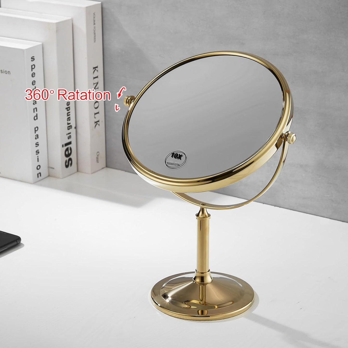 Airemoon 10x Magnifying Makeup Mirror - 360-Degree Rotating Design | 8-Inch Gold Frame, 13" x 9" Size
