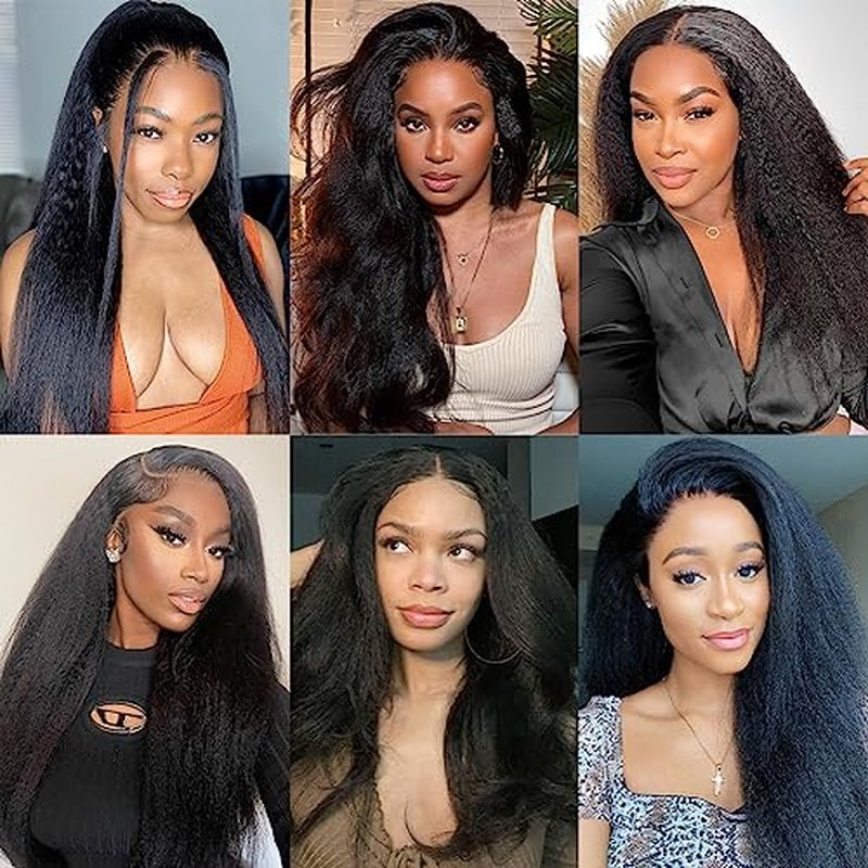 Kinky Straight Wig 16 Inch 180% Density Yaki Straight Human Hair Wig With Pre-Plucked Hairline & Adjustable Straps,Natural Black 13x4 Lace Front Wigs Human Hair For Black Women