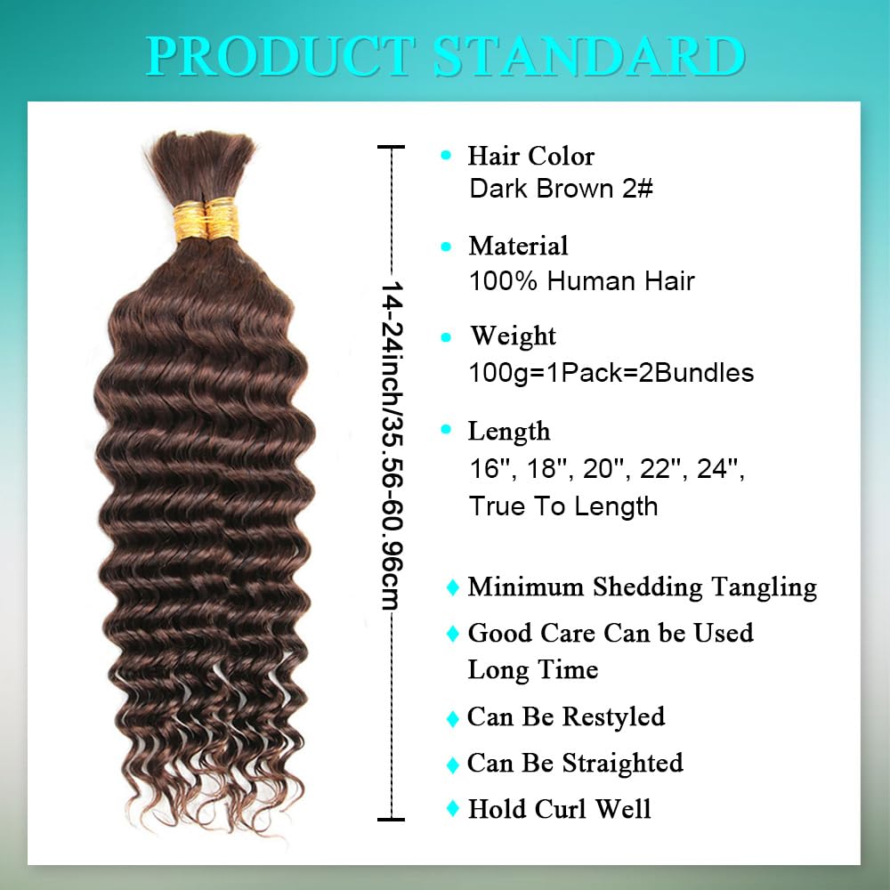 Human Braiding Hair - 110g 18 Inch Deep Wave Boho Bulk | Chocolate Brown 2 Bundles
