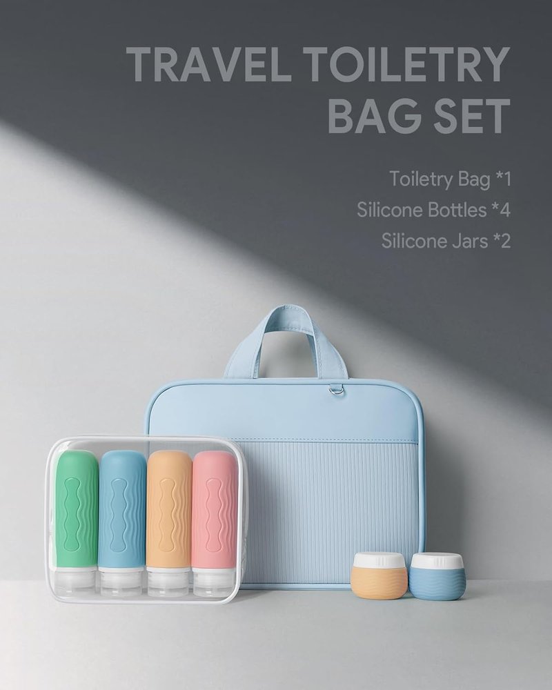 Travel Toiletry Bag for Women - Hanging Organizer with Silicone Containers Set | Blue