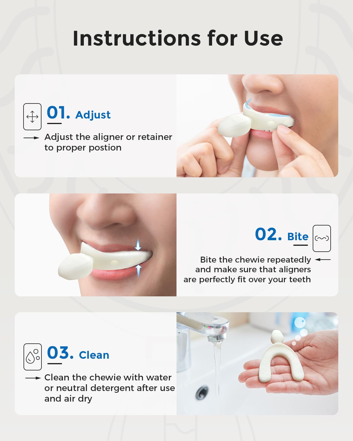Checkme Aligner Chewies for Invisalign, U-Shaped Orthodontic Chewies for Aligner Tray Seaters, Non-Slip Retainer Chewies, Durable Food Grade Silicone Dental Chewies, White (2PCS)