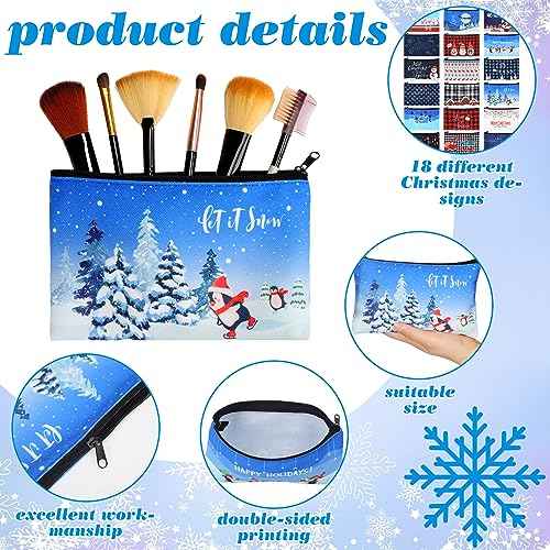 Abbylike 36 Pcs Christmas Makeup Bags Bulk Gifts Plaid Cosmetics Santa Gnomes Elk Snowman Xmas Purse Double Sided Goodie Bags for Women Travel Holiday Present,18 Styles