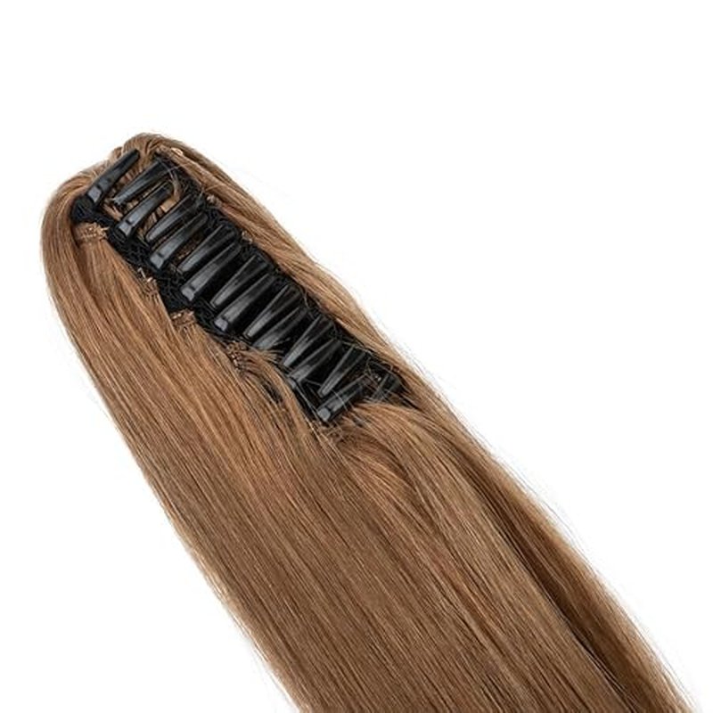 TESS Human Hair Claw Clip Ponytail Extension Real Remy Hair long ponytail extension for Women Straight, 18 Inch, Dark Linen
