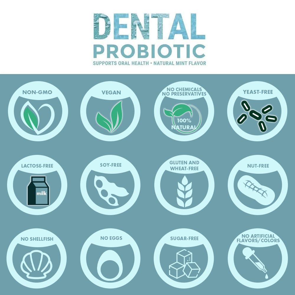 Dental Oral Probiotic, 60 Chewable Tablets - Supplements w/BLIS K12 & M18 - Bad Breath Treatment for Adults - Boosts Oral Health - Fights Halitosis, Tooth Decay, Strep Throat (Mint Flavor)