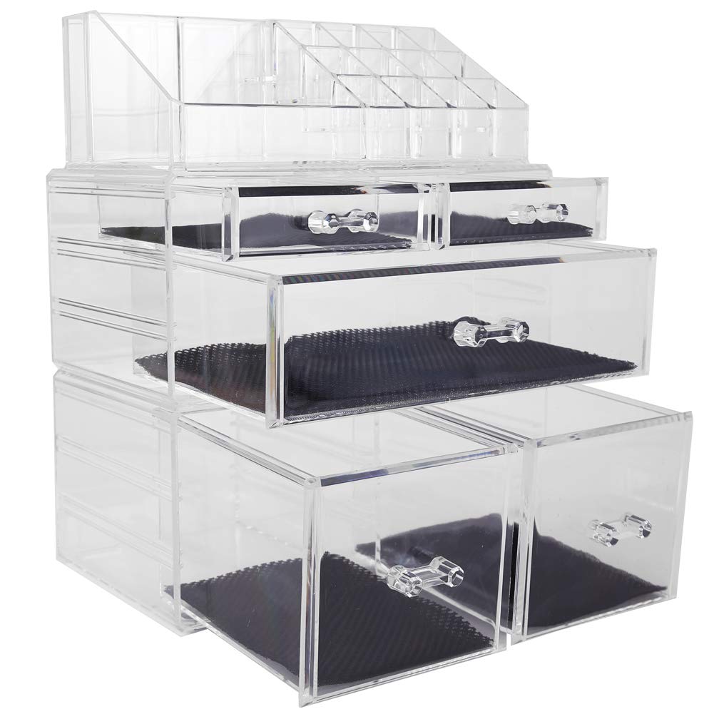 Sooyee Makeup Organizer,Acrylic Cosmetic Organizer Storage Drawers Jewelry and Cosmetic Display Cases Box(5 Drawers 7 Tiers) 3 Pieces Stackable,Clear