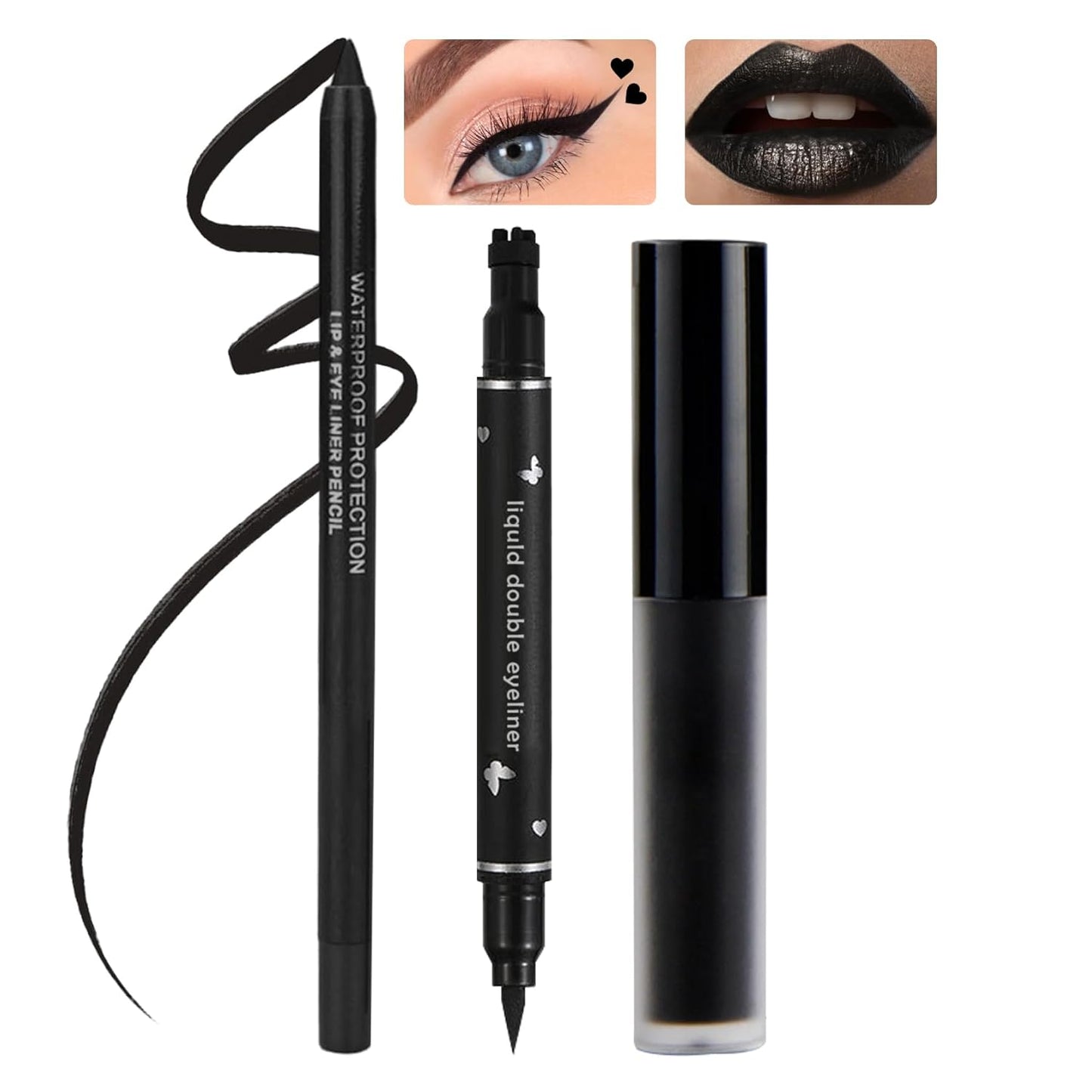 Black Matte Lipstick Set - 3PCS Lip Liner & Liquid Eyeliner Stamp | Long-Lasting Smudge-Proof for Halloween & Goth Makeup