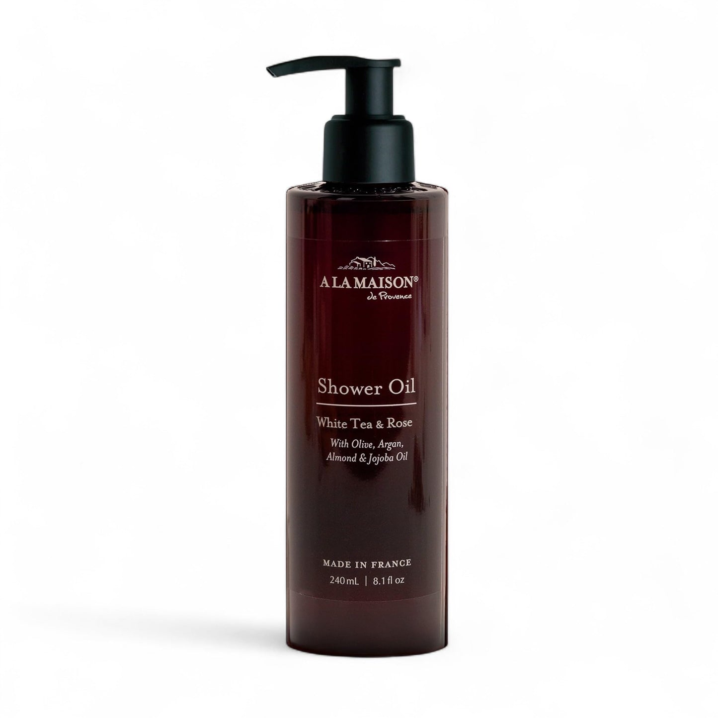 A LA MAISON Cleansing Shower Oil – Hydrating Body Wash Alternative with Olive, Argan & Jojoba Oils – Plant-Based, Biodegradable, Made in France – 8.1 fl oz – Amber Collection (White Tea & Rose)