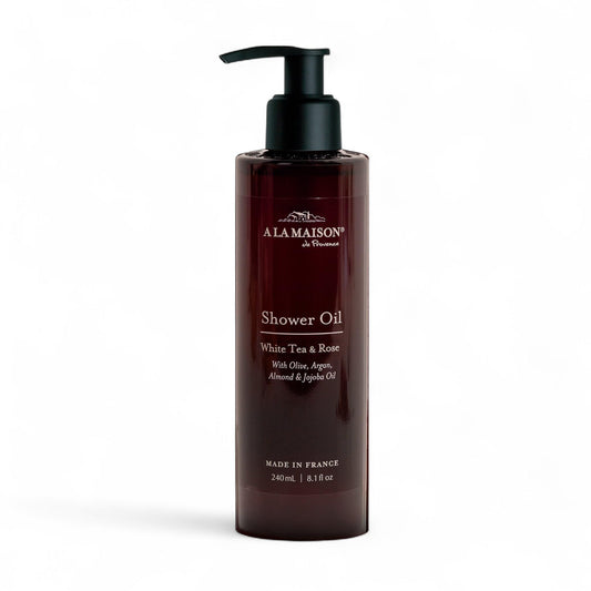 A LA MAISON Cleansing Shower Oil – Hydrating Body Wash Alternative with Olive, Argan & Jojoba Oils – Plant-Based, Biodegradable, Made in France – 8.1 fl oz – Amber Collection (White Tea & Rose)