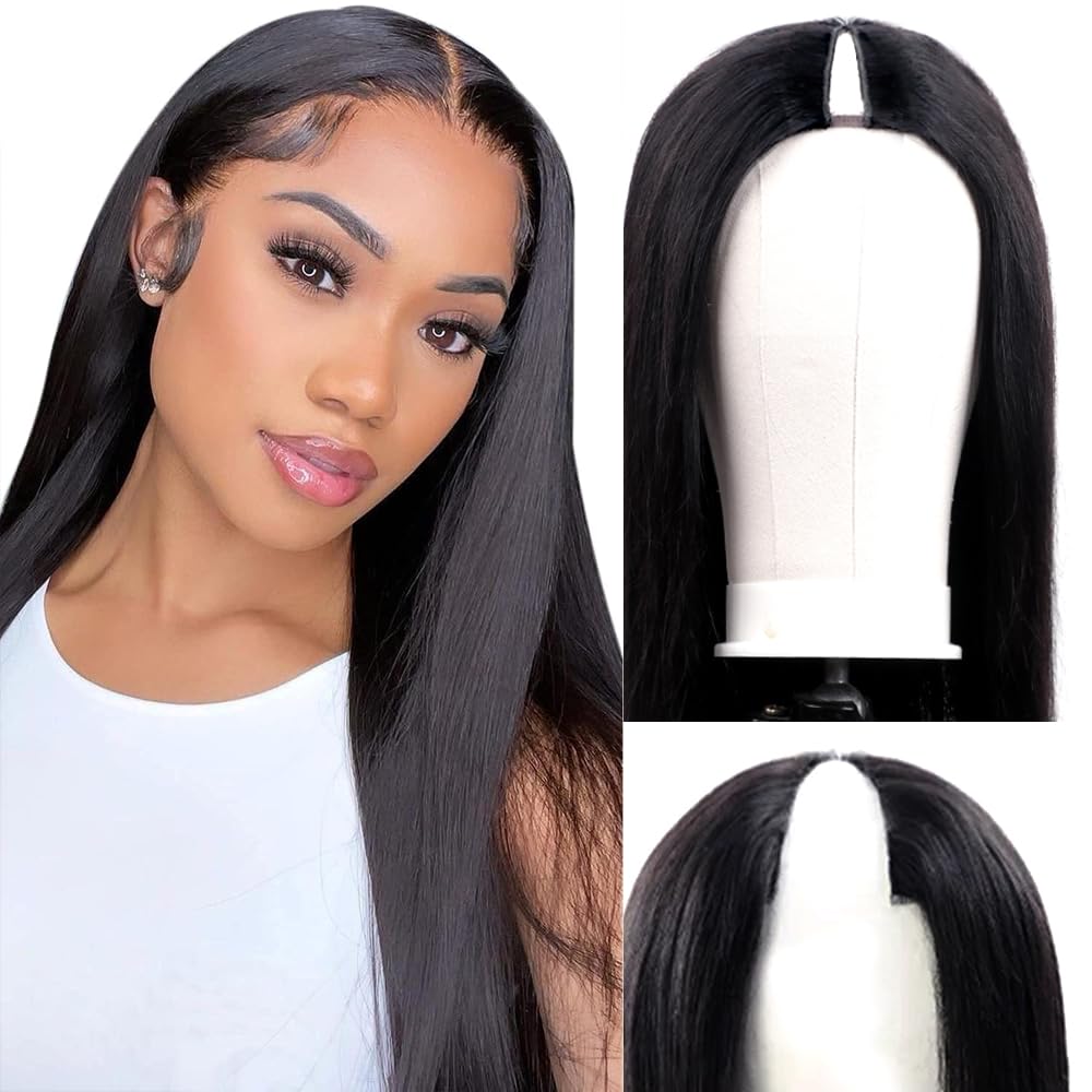 180% Density V Part Wig Human Hair with Drawstring Straight Brazilian Virgin Glueless Wig Human Hair for Black Women Upgrade U Part Wigs Full Head Clip In Half Wig No Leave Out Natural Color 8 Inch