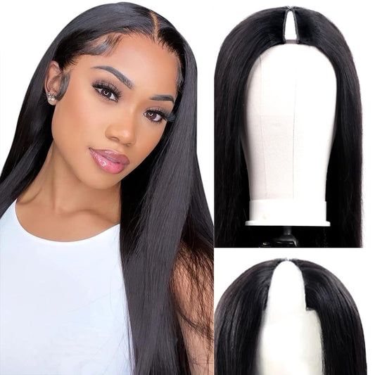 180% Density V Part Wig Human Hair with Drawstring Straight Brazilian Virgin Glueless Wig Human Hair for Black Women Upgrade U Part Wigs Full Head Clip In Half Wig No Leave Out Natural Color 8 Inch
