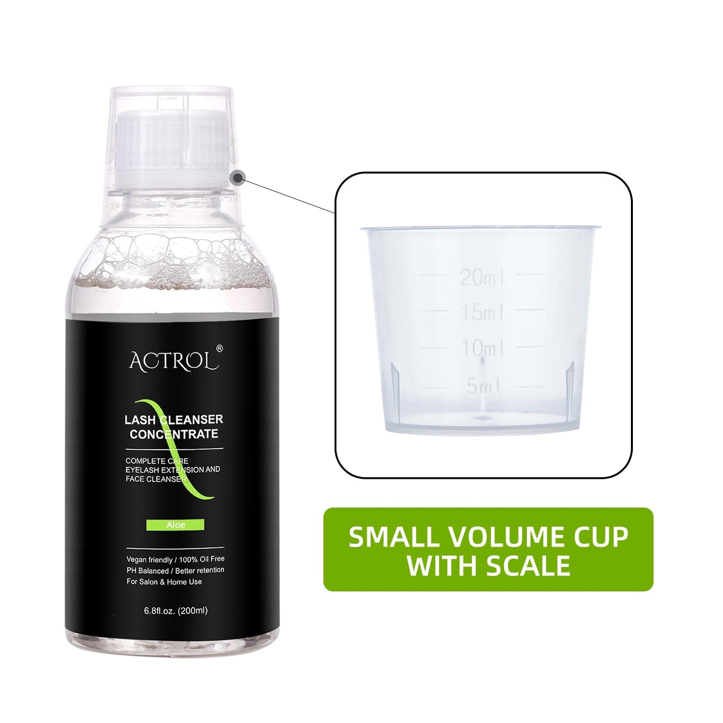 ACTROL Eyelash Cleanser Concentrate 200ml Aloe Professional Lash Shampoo Foaming Cleanser Lash Wash Concentrate for Extensions Lashes with Salon Home Care-Makes 40 Bottles