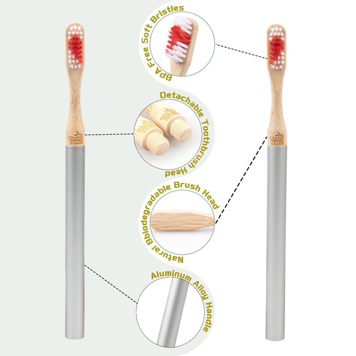 Tooth HaHa Replaceable Brush Head Toothbrush, 2 Aluminum Alloy Handles and 4 Bamboo Brush Heads, BPA-Free, Soft Tapered Bristles, Metal Toothbrush Set, Couple's Gift or Birthday Present
