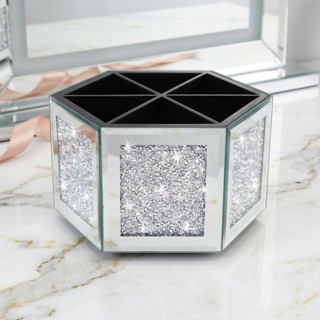 VOHJD Rotatable Multifunctional Jewelry Utensil Holder Hexagon Jewelry Make up Organizer Cups Crush Diamond Mirror Decor, brush/office pen cup holder Eyeliners Display Case for Vanity