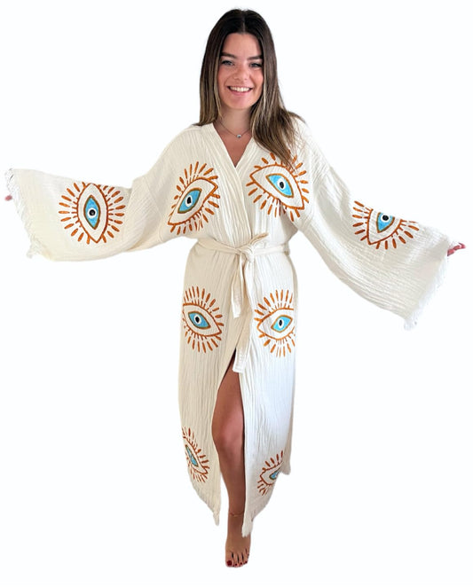 Handmade Evil Eye Kimono - Women Beach Cover Up - Festival Bohemian Robe - Boho Cotton Cardigan - Dressing Gown (Gold Eyes)