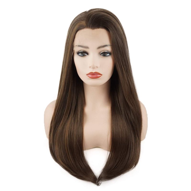 Meiyite Hair Straight Long 24inch Brown Blonde Mix Heavy Density Heat Resistant Realistic Synthetic Lace Front Wigs