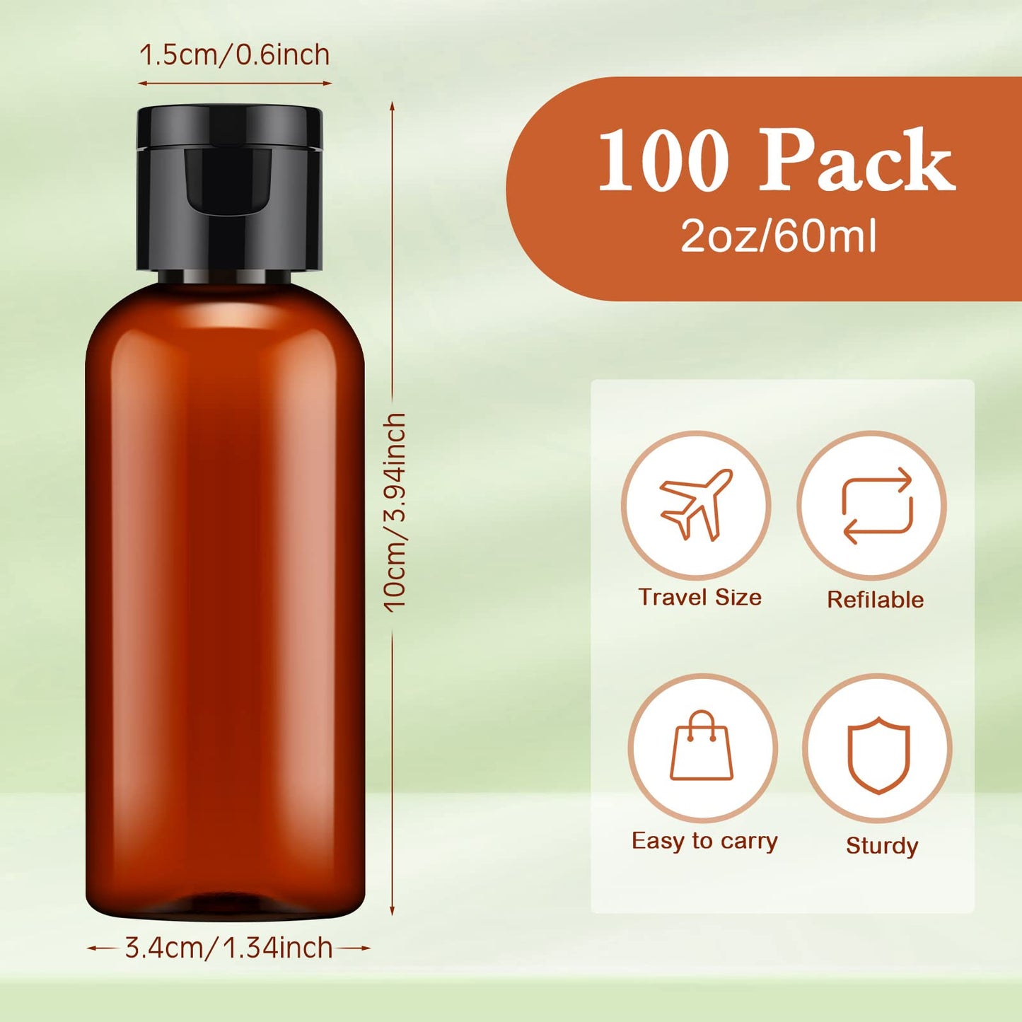 Eccliy 100 Pack 2 oz Plastic Bottles Travel Lotion Bottle Squeeze Container Plastic Bottles with Caps Small Travel Empty Refillable Toiletry Containers for Liquid Lotion Creams with 5 Funnels(Brown)