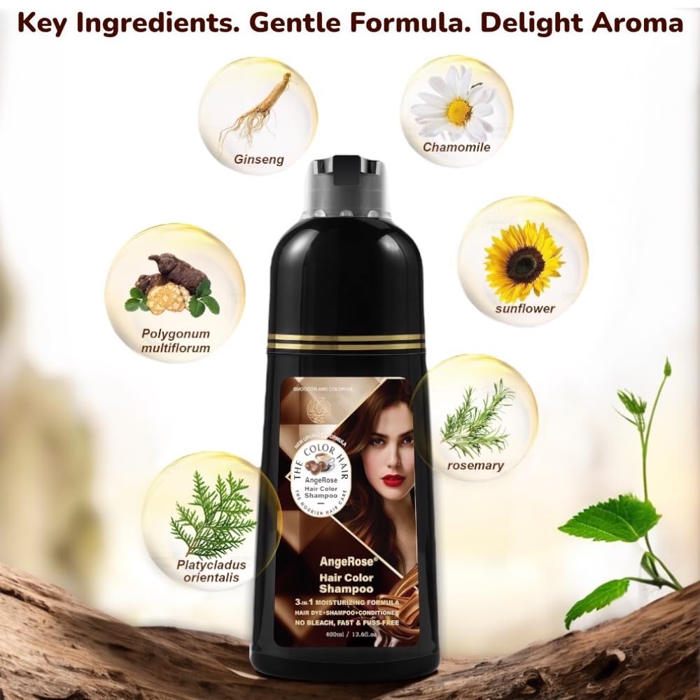 AngeRose Hair Dye Shampoo 3 in 1, Instant Herb Ingrident Hair Dye to Cover Gray Hair, Long-lasting & Natual, Wine Red, 400 ML