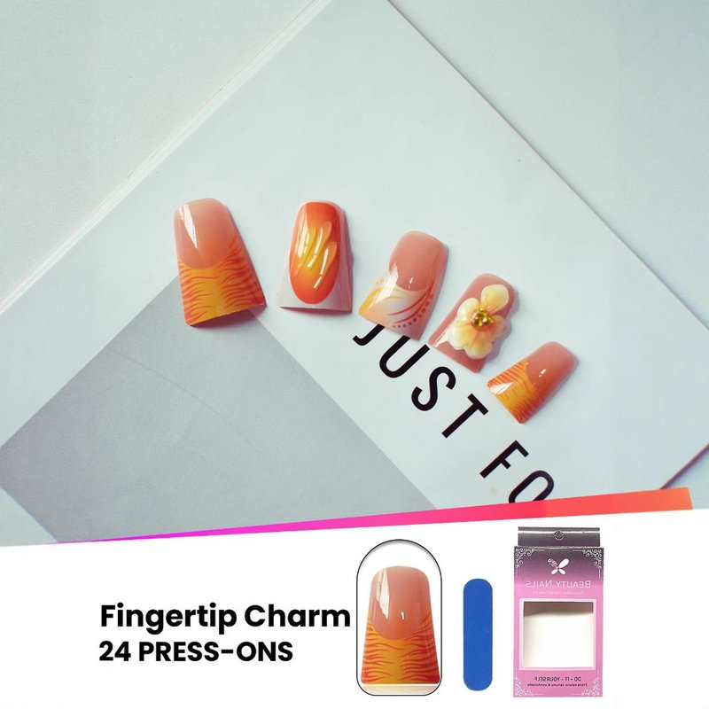 24 Pcs Handmade Press on Nails Duck Medium Fake Nails with 3D Flower Design French Tip False Nails Fall Duck Nails Press ons Artificial Full Cover Glue on Nail Holiday Stick on Nail for Women