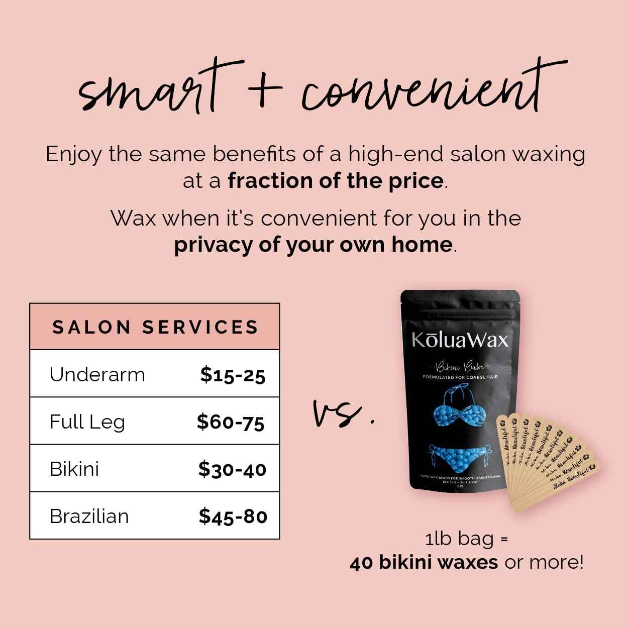 KoluaWax Hard Wax Beads for Hair Removal – Coarse Hair Formula – Face, Brazilian, Underarms, Back Chest, Bikini Waxing – Sea Salt & Surf, 1lb Refill for Wax Warmers & 10 Large Applicator Sticks