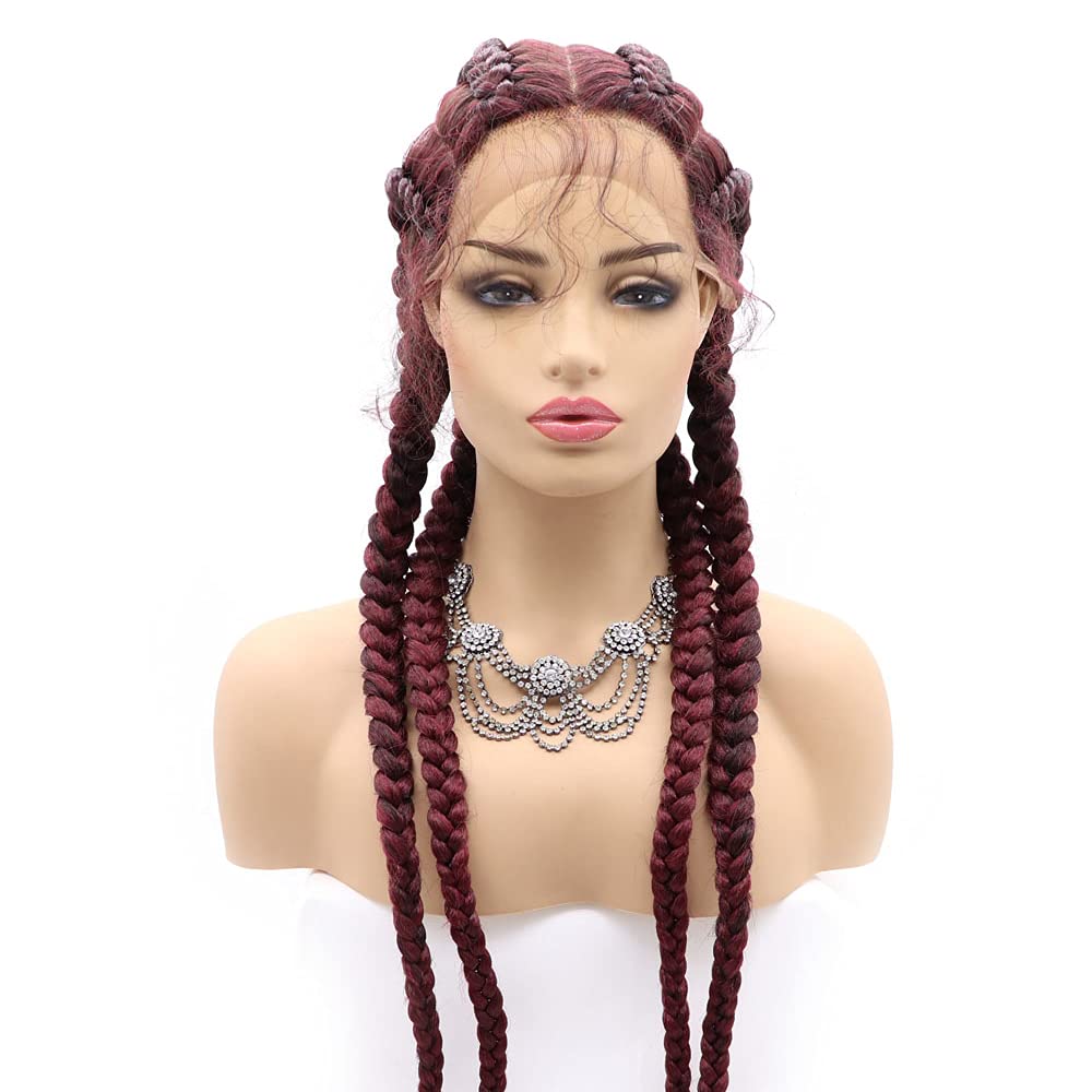 Natural-Looking Wine Red Lace Front Wig - 30 Inch Handmade Braided Wig for Women | Neatly Done Box Braids