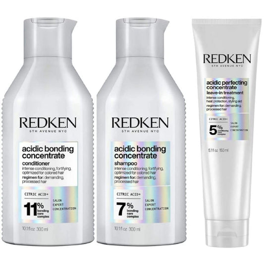 Redken Acidic Bonding Concentrate Shampoo, Conditioner & Treatment Set For Damaged and All Hair Types - Repair and Strengthen Weak Hair Bonds With Citric Acid